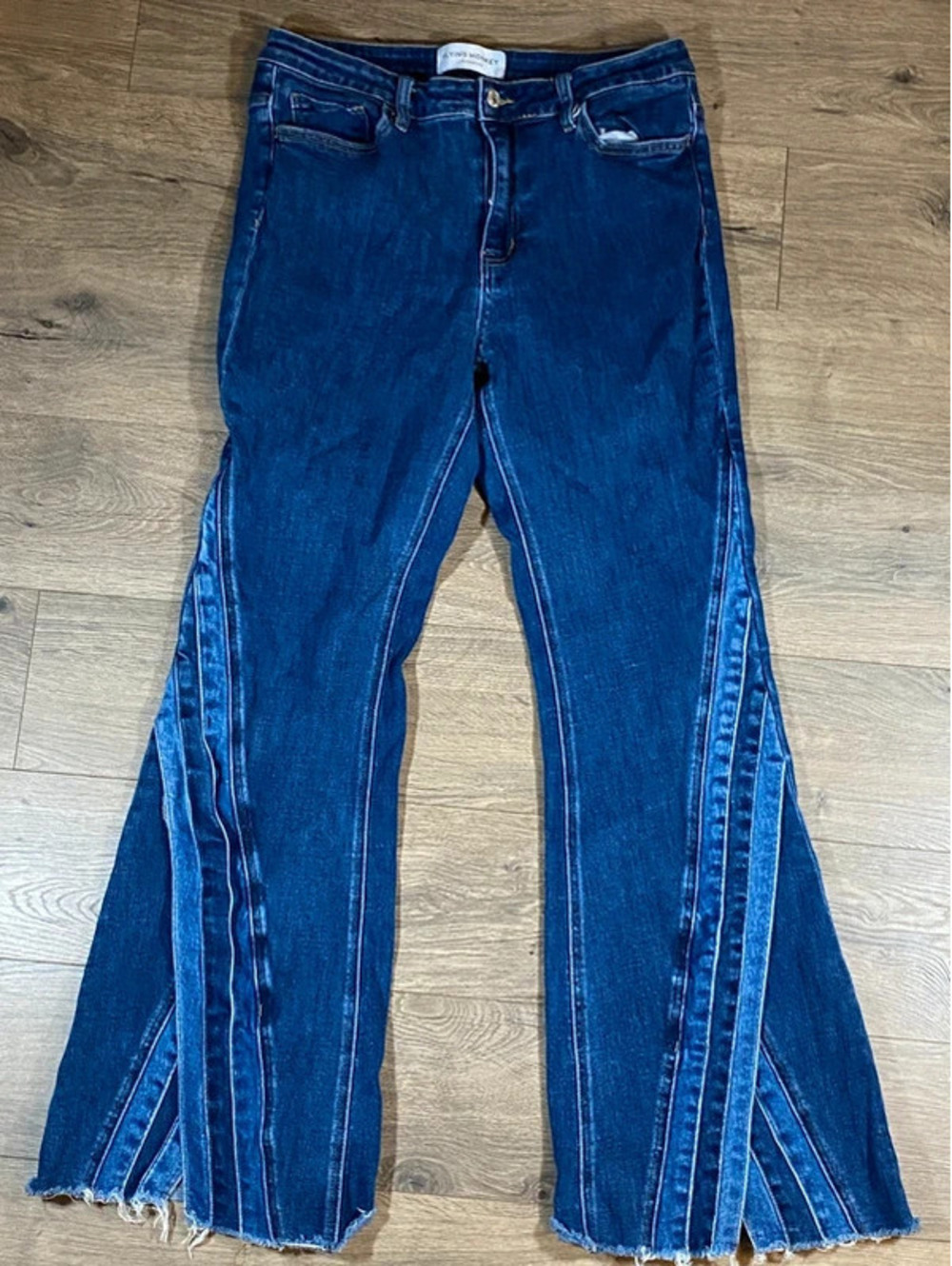 Flying Monkey Women's 31 High Rise Super Flare Jeans Side Panel Raw Hem Blue